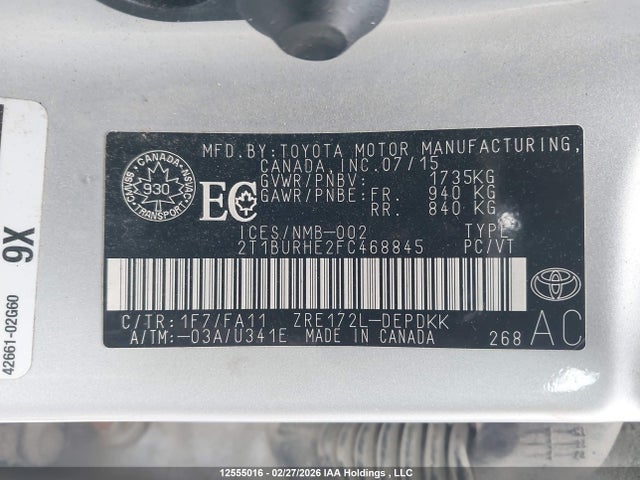 Продажа на аукционе авто 2015 Toyota Corolla L/le/le Pls/prm/s/s Pls, vin: 2T1BURHE2FC468845, номер лота: 12555016