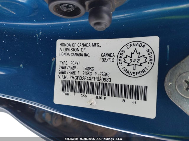 Продаж на аукціоні авто 2015 Honda Civic Lx, vin: 2HGFB2F4XFH020983, номер лоту: 12555020