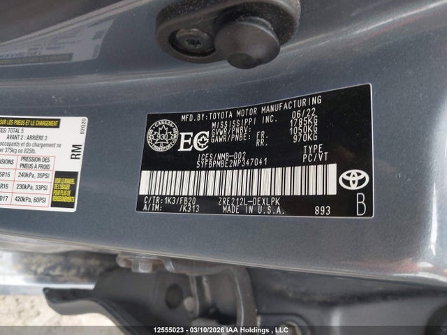 12555023 :رقم المزاد ، 5YFBPMBE2NP347041 vin ، 2022 Toyota Corolla Le/xle مزاد بيع