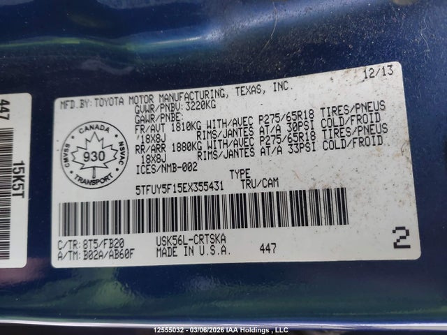 12555032 :رقم المزاد ، 5TFUY5F15EX355431 vin ، 2014 Toyota Tundra مزاد بيع