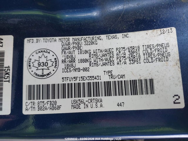 12555032 :رقم المزاد ، 5TFUY5F15EX355431 vin ، 2014 Toyota Tundra مزاد بيع