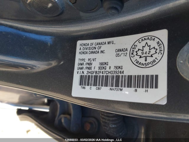 Продажа на аукционе авто 2012 Honda Civic Lx, vin: 2HGFB2F47CH039244, номер лота: 12555033