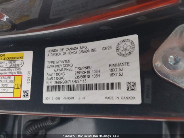 2025 Honda Cr-v Ex-l Hybrid მანქანა იყიდება აუქციონზე, vin: 2HKRS6H71SH227113, აუქციონის ნომერი: 12555077