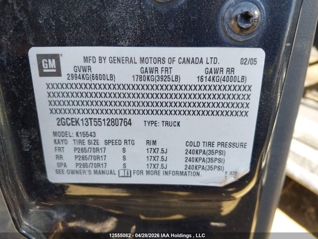 12555082 :رقم المزاد ، 2GCEK13T551280764 vin ، 2005 Chevrolet Silverado K1500 مزاد بيع