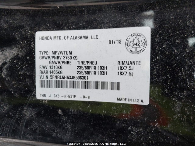 Продаж на аукціоні авто 2018 Honda Odyssey Ex-l, vin: 5FNRL6H63JB508301, номер лоту: 12555107