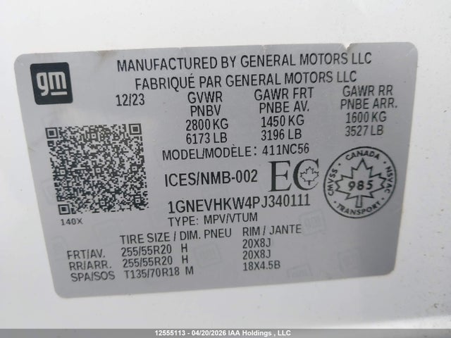 1GNEVHKW4PJ340111 Chevrolet Traverse Lt True North
