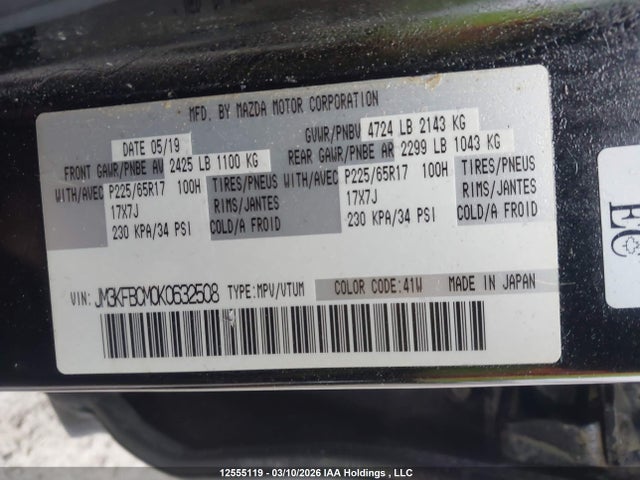 Aukcja sprzedaży 2019 Mazda Cx-5, vin: JM3KFBCM0K0632508, numer aukcji: 12555119