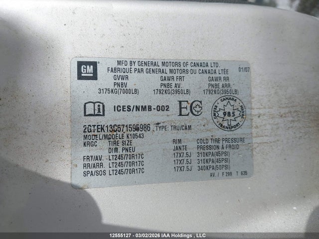 Aukcja sprzedaży 2007 Gmc Sierra 1500 All-new Sle/wt, vin: 2GTEK13C571595986, numer aukcji: 12555127