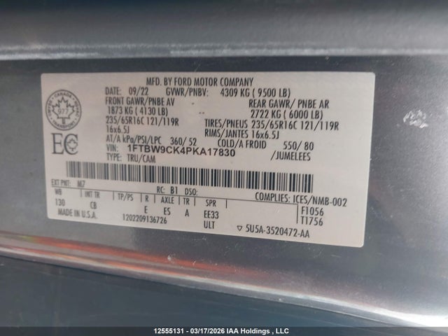 Продажа на аукционе авто 2023 Ford Transit T-350, vin: 1FTBW9CK4PKA17830, номер лота: 12555131