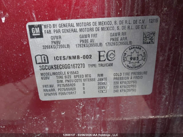 12555137 :رقم المزاد ، 3GCUKSEC6GG167270 vin ، 2016 Chevrolet Silverado 1500 2lz مزاد بيع