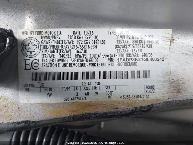 1FADP3K21GL400242 Ford FOCUS SE