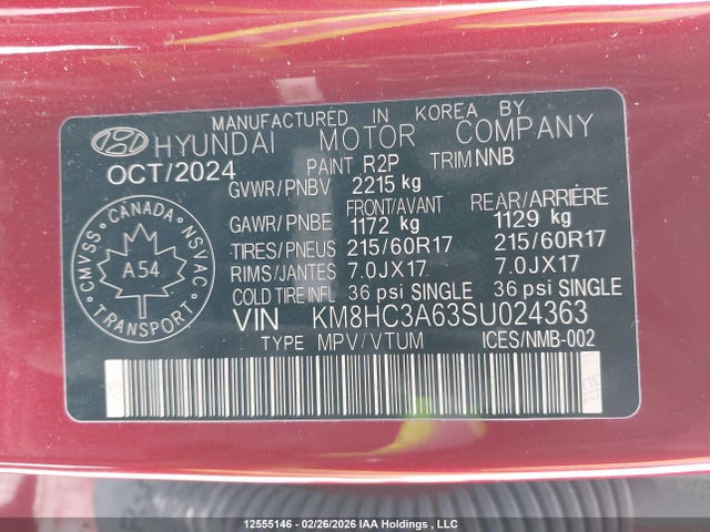 12555146 :رقم المزاد ، KM8HC3A63SU024363 vin ، 2025 Hyundai Kona Electric Preferred مزاد بيع