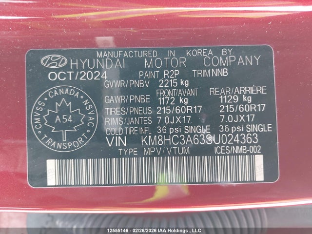 12555146 :رقم المزاد ، KM8HC3A63SU024363 vin ، 2025 Hyundai Kona Electric Preferred مزاد بيع