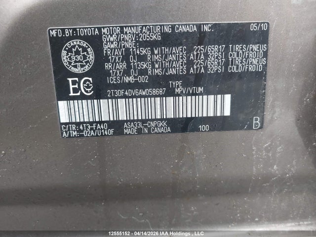 12555152 :رقم المزاد ، 2T3DF4DV6AW058687 vin ، 2010 Toyota Rav4 مزاد بيع