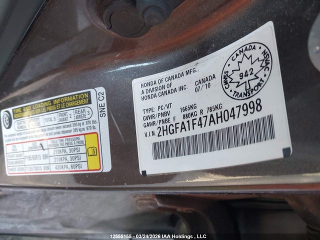 12555155 :رقم المزاد ، 2HGFA1F47AH047998 vin ، 2010 Honda Civic Dx-g مزاد بيع