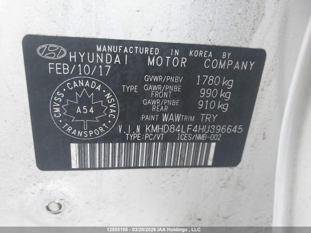 KMHD84LF4HU396645 Hyundai Elantra Se/value/limited