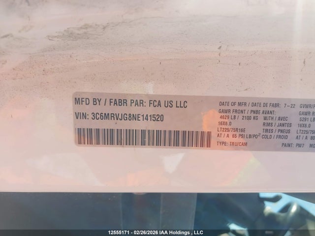 2022 Ram Promaster 3500 3500 High მანქანა იყიდება აუქციონზე, vin: 3C6MRVJG8NE141520, აუქციონის ნომერი: 12555171
