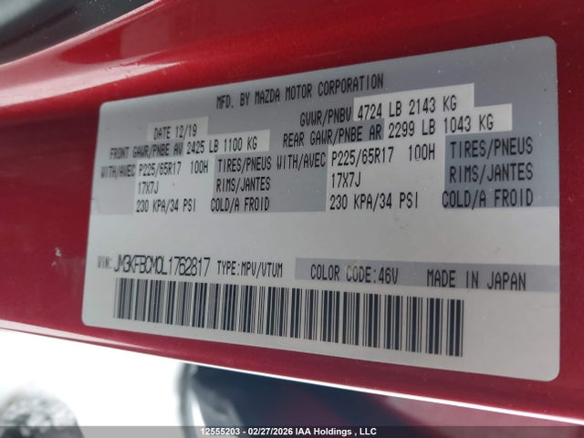 Aukcja sprzedaży 2020 Mazda Cx-5 Gs, vin: JM3KFBCM0L1762817, numer aukcji: 12555203