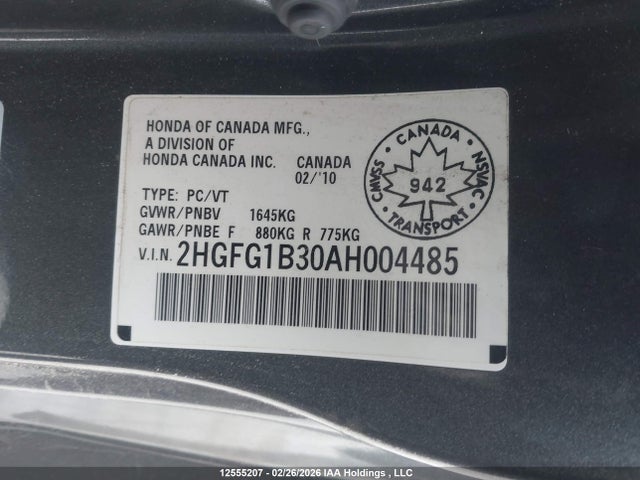 12555207 :رقم المزاد ، 2HGFG1B30AH004485 vin ، 2010 Honda Civic Cpe مزاد بيع