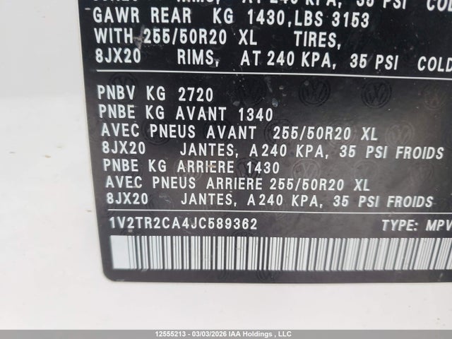 Aukcja sprzedaży 2018 Volkswagen Atlas Execline, vin: 1V2TR2CA4JC589362, numer aukcji: 12555213