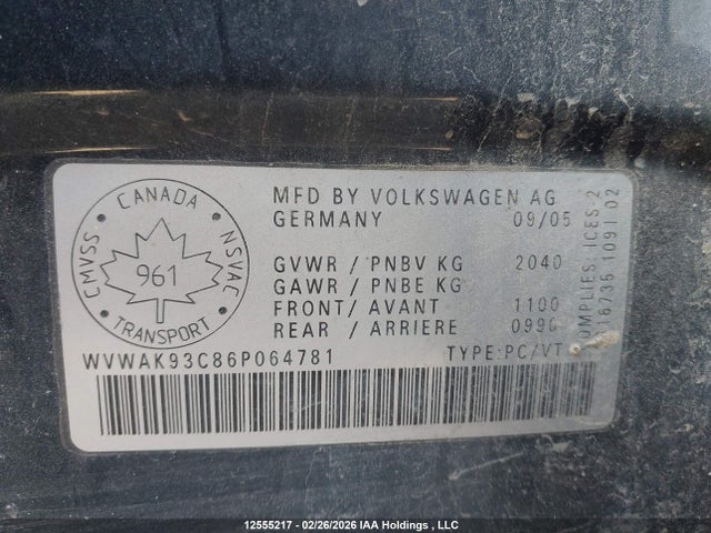 12555217 :رقم المزاد ، WVWAK93C86P064781 vin ، 2006 Volkswagen Passat 2.0t/2.0t Value مزاد بيع