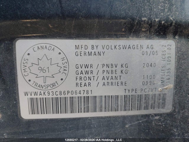 12555217 :رقم المزاد ، WVWAK93C86P064781 vin ، 2006 Volkswagen Passat 2.0t/2.0t Value مزاد بيع