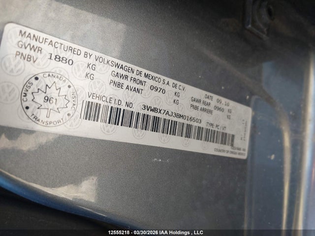 12555218 :رقم المزاد ، 3VWBX7AJ3BM016503 vin ، 2011 Volkswagen Jetta 2.5l Comfortline/2.5l Sportline مزاد بيع