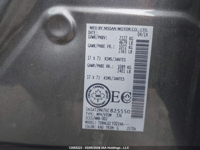 5N1AT2MV7EC825550 Nissan Rogue S/sl/sv