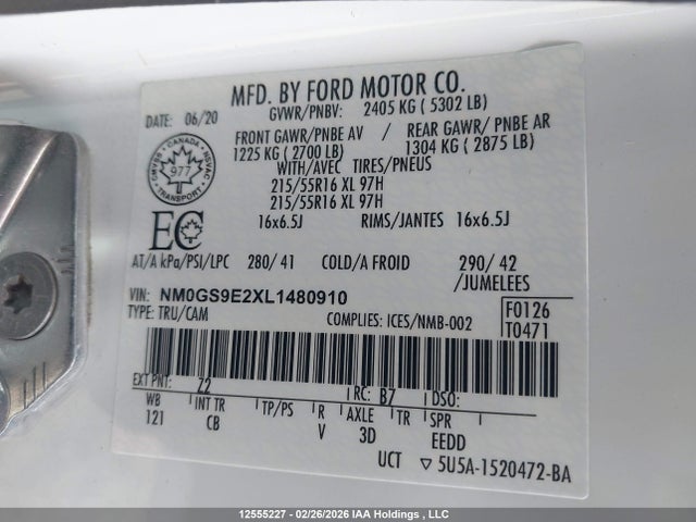 Aukcja sprzedaży 2020 Ford Transit Connect Xl, vin: NM0GS9E2XL1480910, numer aukcji: 12555227