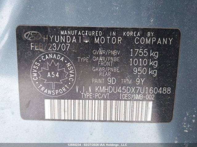 Продаж на аукціоні авто 2007 Hyundai Elantra Gl/gls, vin: KMHDU45DX7U160488, номер лоту: 12555234