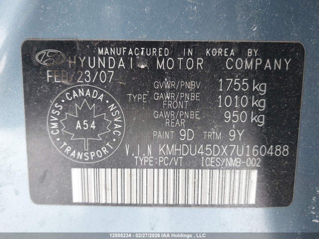 Продаж на аукціоні авто 2007 Hyundai Elantra Gl/gls, vin: KMHDU45DX7U160488, номер лоту: 12555234