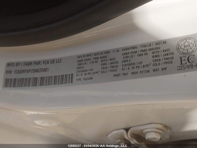 12555237 :رقم المزاد ، 1C6SRFVP7SN672481 vin ، 2025 Ram 1500 Sport مزاد بيع