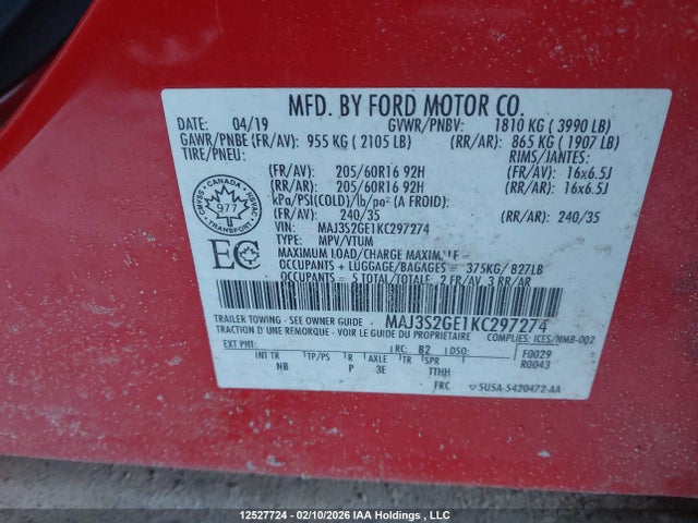 MAJ3S2GE1KC297274 Ford Ecosport Se