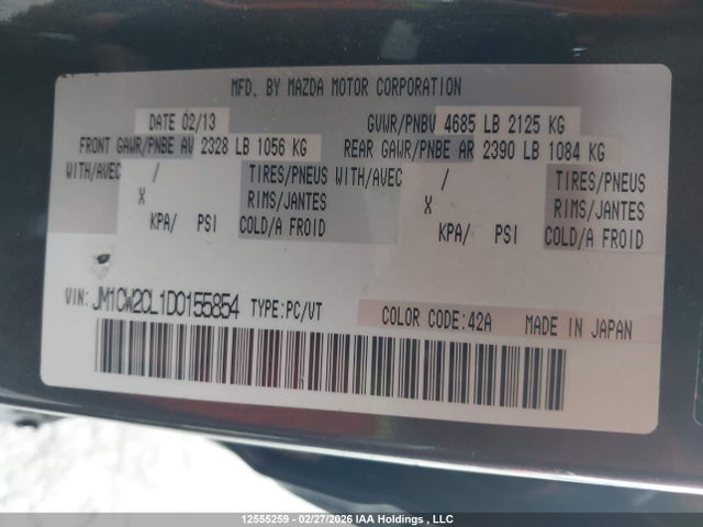 Aukcja sprzedaży 2013 Mazda 5, vin: JM1CW2CL1D0155854, numer aukcji: 12555259