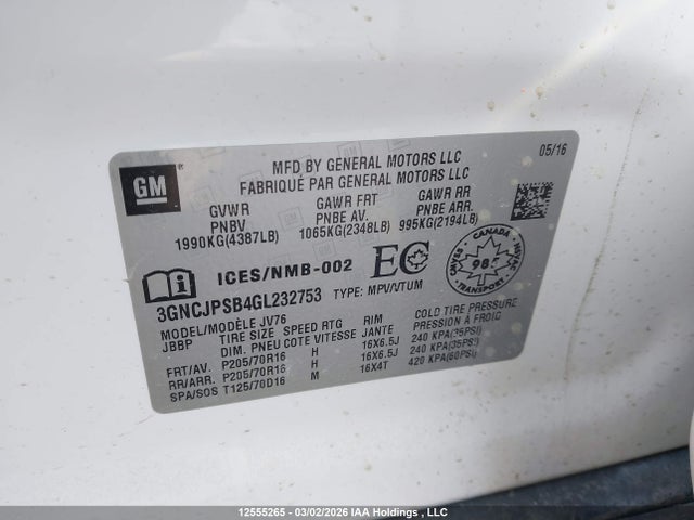 Продаж на аукціоні авто 2016 Chevrolet Trax 1lt, vin: 3GNCJPSB4GL232753, номер лоту: 12555265