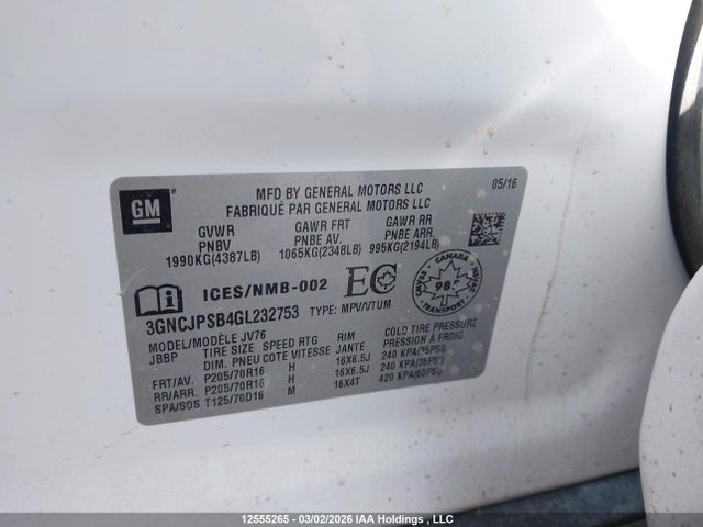 Продаж на аукціоні авто 2016 Chevrolet Trax 1lt, vin: 3GNCJPSB4GL232753, номер лоту: 12555265