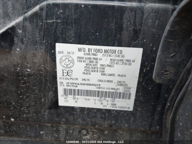 12440546 :رقم المزاد ، 2FMPK4J92HBB95215 vin ، 2017 Ford Edge Sel مزاد بيع