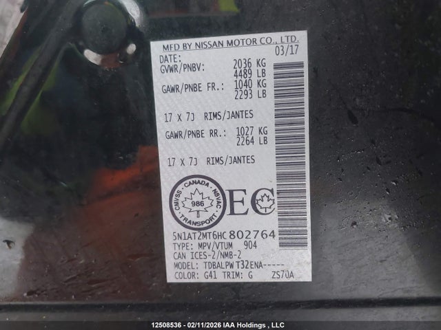 12508536 :رقم المزاد ، 5N1AT2MT6HC802764 vin ، 2017 Nissan Rogue S/sv مزاد بيع