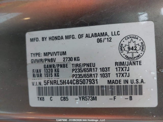 12497690 :رقم المزاد ، 5FNRL5H44CB507931 vin ، 2012 Honda Odyssey Ex مزاد بيع