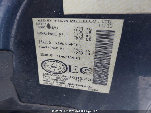 2011 Nissan Titan Sv მანქანა იყიდება აუქციონზე, vin: 1N6AA0CC9BN308570, აუქციონის ნომერი: 12525371
