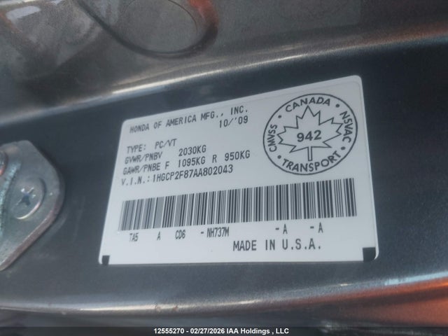 12555270 :رقم المزاد ، 1HGCP2F87AA802043 vin ، 2010 Honda Accord Ex-l مزاد بيع