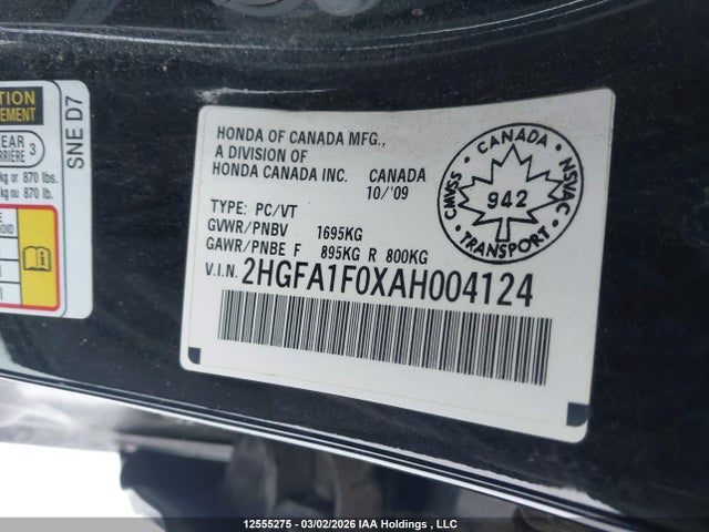 12555275 :رقم المزاد ، 2HGFA1F0XAH004124 vin ، 2010 Honda Civic Ex-l مزاد بيع