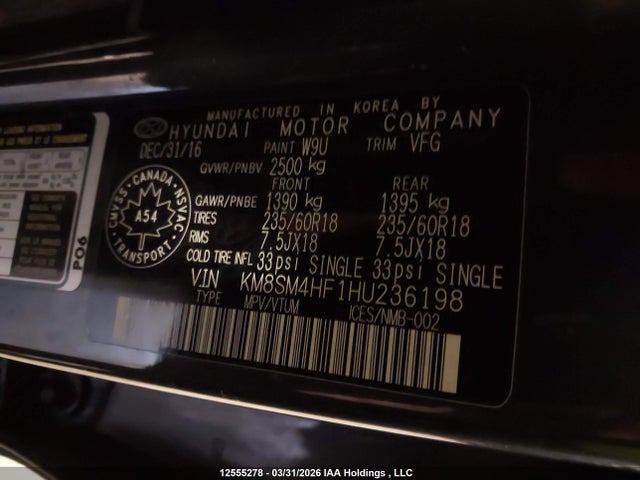 KM8SM4HF1HU236198 Hyundai Santa Fe Se