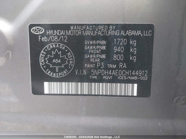 Aukcja sprzedaży 2012 Hyundai Elantra Gls/limited, vin: 5NPDH4AE0CH144912, numer aukcji: 12555293