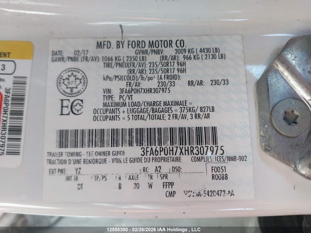 Aukcja sprzedaży 2017 Ford Fusion Se, vin: 3FA6P0H7XHR307975, numer aukcji: 12555300