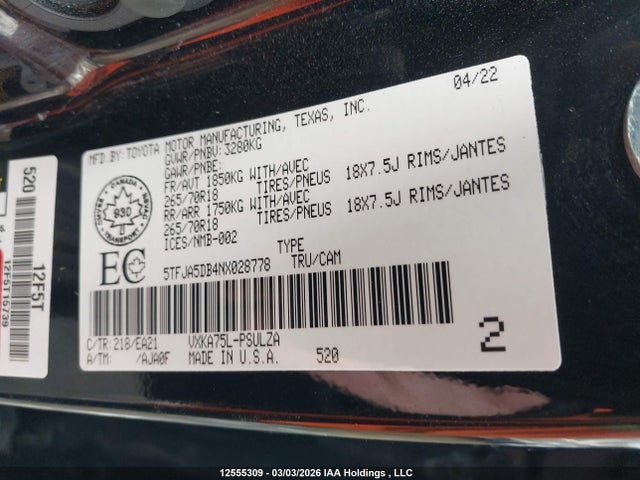 2022 Toyota Tundra Limited მანქანა იყიდება აუქციონზე, vin: 5TFJA5DB4NX028778, აუქციონის ნომერი: 12555309