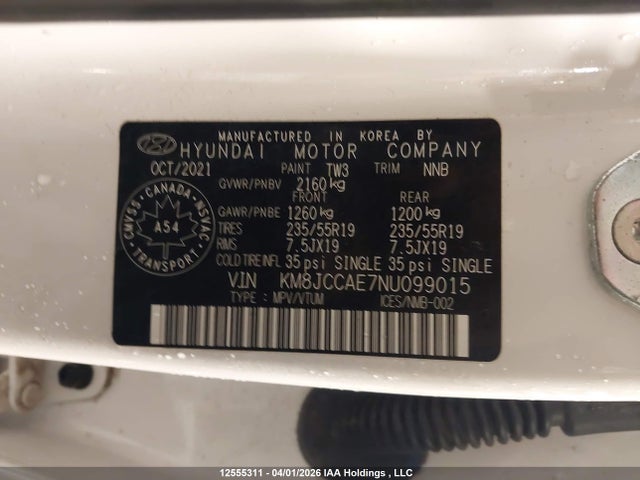12555311 :رقم المزاد ، KM8JCCAE7NU099015 vin ، 2022 Hyundai Tucson Sel مزاد بيع