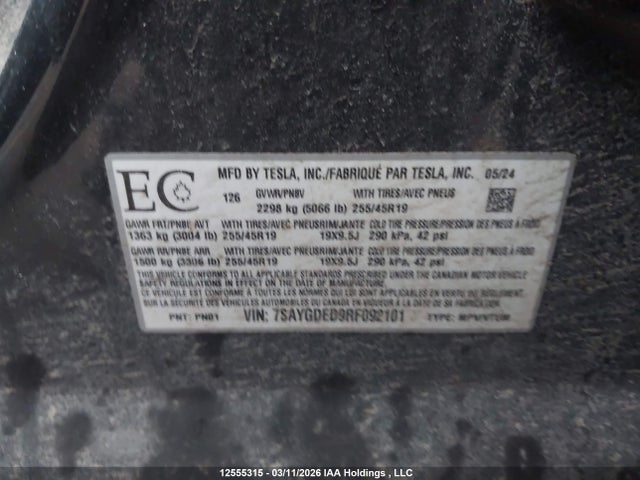 Продажа на аукционе авто 2024 Tesla Model Y Long Range/rwd, vin: 7SAYGDED9RF092101, номер лота: 12555315