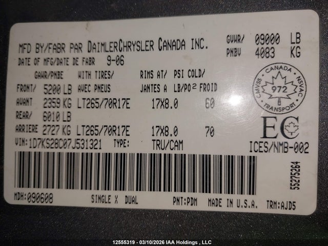Aukcja sprzedaży 2007 Dodge Ram 2500 St/slt, vin: 1D7KS28C07J531321, numer aukcji: 12555319