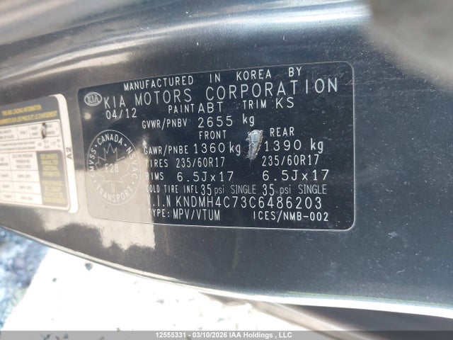 2012 Kia Sedona Ex მანქანა იყიდება აუქციონზე, vin: KNDMH4C73C6486203, აუქციონის ნომერი: 12555331